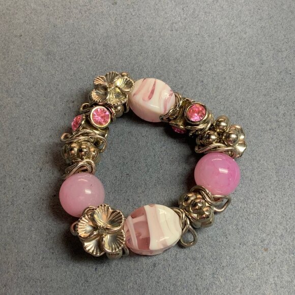 Chunky Stretch Bracelet 7 In Pink White Marbled Beads Silver Flowers Bling Glam - Picture 1 of 6